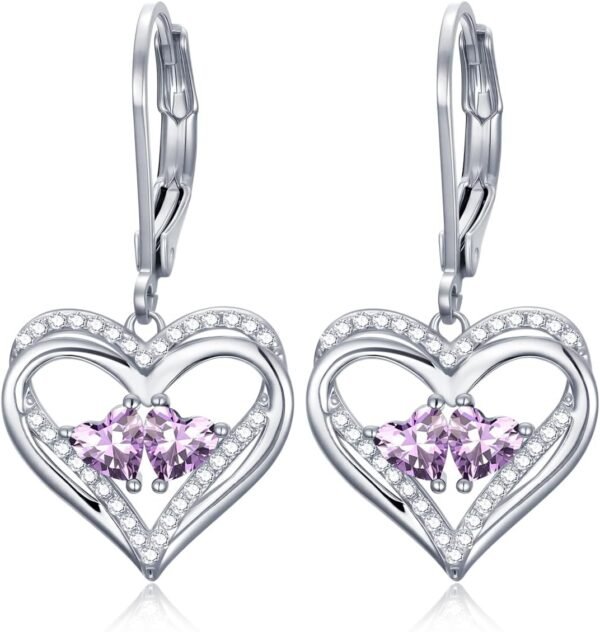 Heart Leverback Earrings Double Birthstone Dangle Earrings for Women, Love Jewelry for Her, Christmas Gifts for Women, Anniversary Birthday Gift for Mom Wife Girlfriend