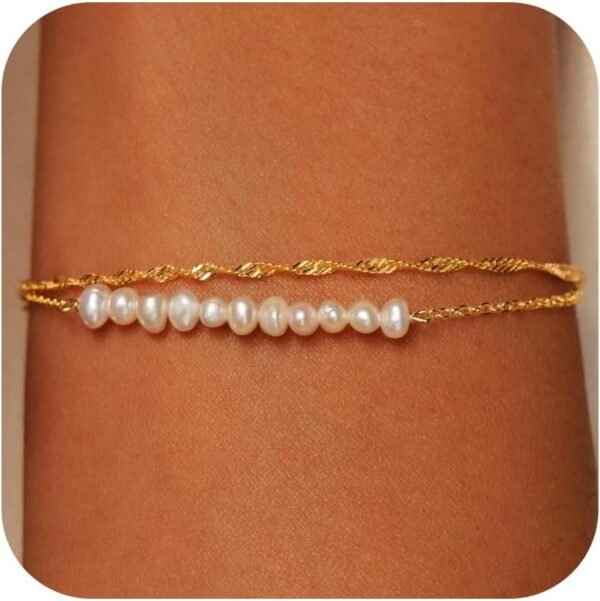 61xPJyupbkL._AC_SL1500 Gold Pearl Bracelets for Women Trendy, Real Gold Plated Dainty Stackable Snake Chain CZ Heart Pendant Bracelets, Layered Waterproof Jewelry Gift for Women Adjustable 6"+2"