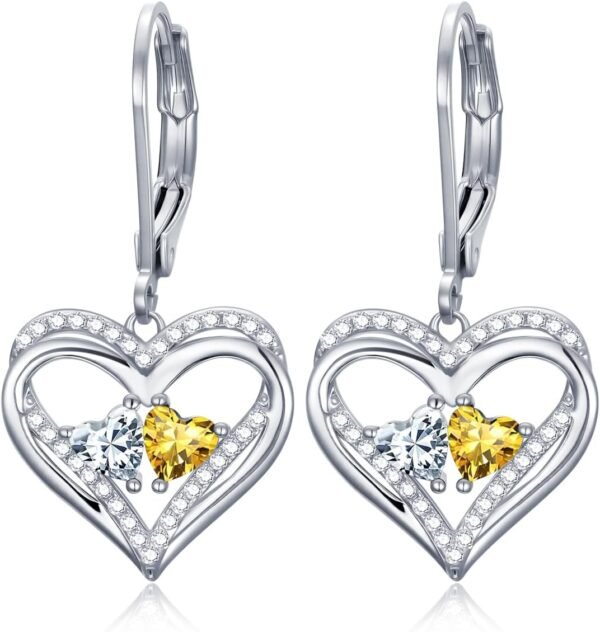 Heart Leverback Earrings Double Birthstone Dangle Earrings for Women, Love Jewelry for Her, Christmas Gifts for Women, Anniversary Birthday Gift for Mom Wife Girlfriend