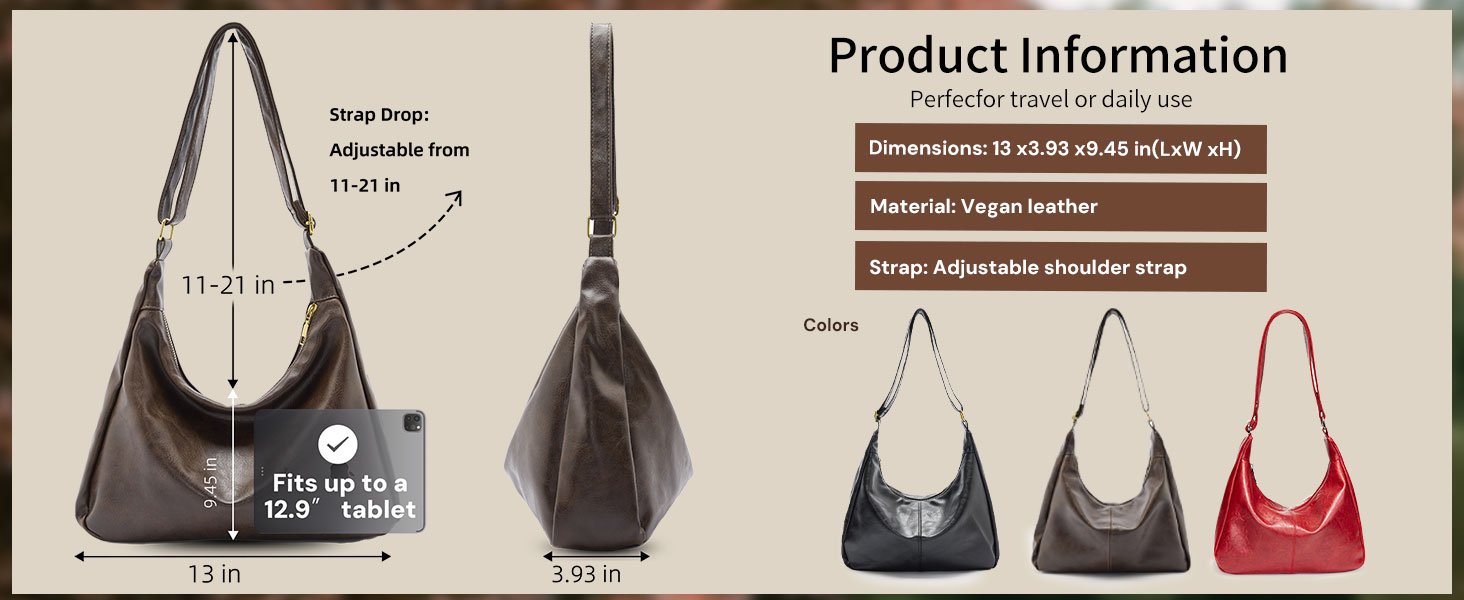 Brown vegan leather tote with 11?C21in adjustable strap, shown with size chart and iPad comparison