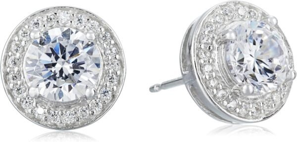 Womens Sterling Silver Cubic Zirconia Halo Pendant Necklace and Stud Earrings Jewelry Set
