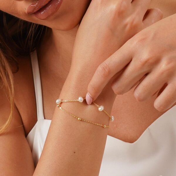 Gold Plated Pearl Bracelets for Women,Dainty Bracelets Stack Pearls Beaded Link Chain Charm Bracelets Set Layered Non Tarnish Tiny Jewelry for Women