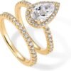 Gold Plated 1.7CT Pear Cubic Zirconia Eternity Engagement Ring Promise Ring Set for Women - Hidden Halo