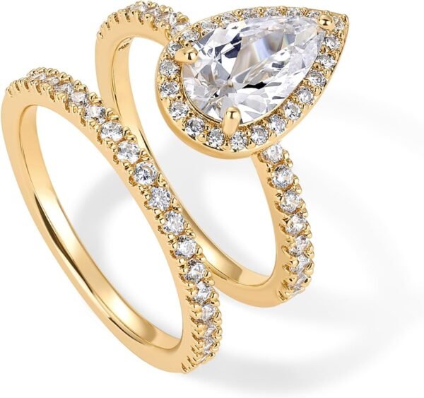 Gold Plated 1.7CT Pear Cubic Zirconia Eternity Engagement Ring Promise Ring Set for Women - Hidden Halo