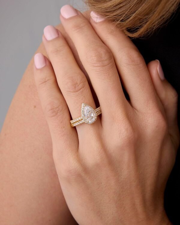 Gold Plated 1.7CT Pear Cubic Zirconia Eternity Engagement Ring Promise Ring Set for Women - Hidden Halo