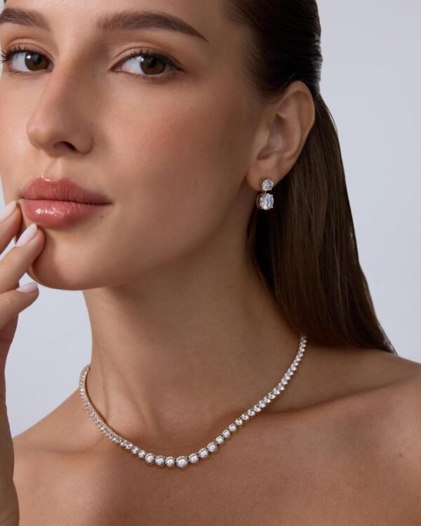 71Z6jj6Pr4L._AC_SL1500 Gold Plated Graduated Tennis Necklaces for Women - Cubic Zirconia Tennis Necklace for Brides & Bridesmaids - Simulated Diamond Chain Trendy Wedding Jewelry