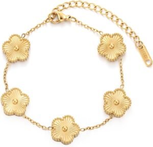 Four Leaf Clover Bracelet for Women   Gold Plated Stainless Steel Lucky 4 Leaf Gold Link Bracelet Jewelry Gift for Women