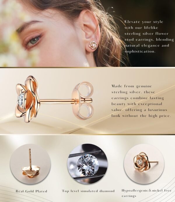 Gold Plated Sterling Silver Rose Flower Earring Studs, Hypoallergenic & Nickel Free Earrings for Women