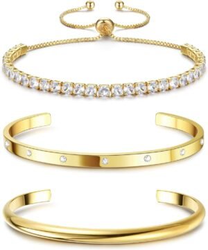 Gold Bracelets for Women Trendy Bangle Cuff Chain Bracelets Set Gold Plated Paperclip Bead Tennis Bracelet Chunky Gold Filled Bracelet Stack 3/4PCS
