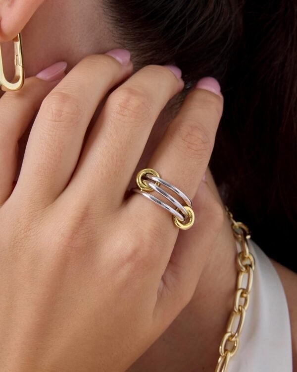 Gold Plated Interlocked Stackable Rings for Women - Statement Mixed Metals Multi Ring Stack - Cubic Zirconia Two-Toned Connected Bands Stacking Jewelry