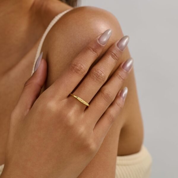 Gold Plated Signet Rings for Women Non Tarnish 925 Sterling Silver Dainty Stackable Gold Ring, Waterproof Engraved Flower Thin Band Unique Everyday Jewelry Gift