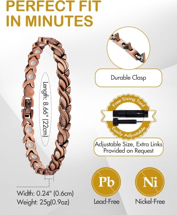 Copper Bracelets for Women, 99.99% Pure Copper Magnetic Bracelets with Effective Neodymium Magnets, Adjustable Jewelry Gift with Sizing Tool