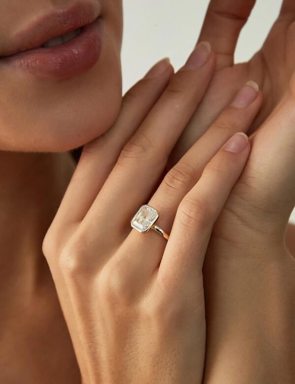 925 Sterling Silver Engagement Rings for Women Radiant Cut Cubic Zirconia Wedding Bands   Gold Plated Bezel Promise Rings for Her Size 4-10