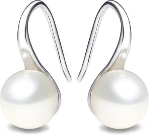 925 Sterling Silver Hoop Handpicked AAA+ Quality 7.5-8mm White Freshwater Cultured Pearl Dangle Drop Earrings Jewelry for Women