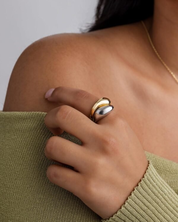 813AsZ4YWdL._AC_SL1500 Gold Plated Mixed Metal Chunky Two Tone Wavy Dome Rings Pack for Women | Statement Ring Set