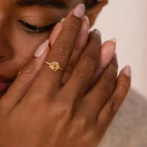 Birth Flower Ring for Women   Gold Plated Floral Minimalist Stackable Finger Jewelry Birthday Gifts