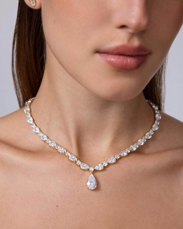 Gold Plated Pear Tennis Necklaces for Women - Cubic Zirconia Tennis Necklace with Drop for Brides & Bridesmaids - Cute Simulated Diamond Chain Trendy Wedding Jewelry