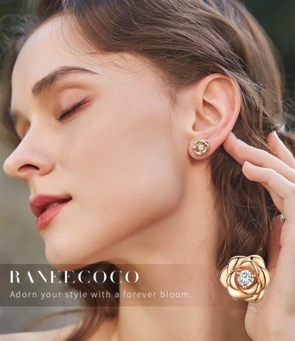 Gold Plated Sterling Silver Rose Flower Earring Studs, Hypoallergenic & Nickel Free Earrings for Women
