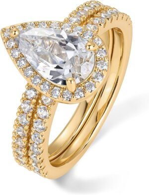 Gold Plated 1.7CT Pear Cubic Zirconia Eternity Engagement Ring Promise Ring Set for Women - Hidden Halo