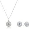 Womens Sterling Silver Cubic Zirconia Halo Pendant Necklace and Stud Earrings Jewelry Set