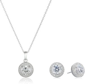 Womens Sterling Silver Cubic Zirconia Halo Pendant Necklace and Stud Earrings Jewelry Set