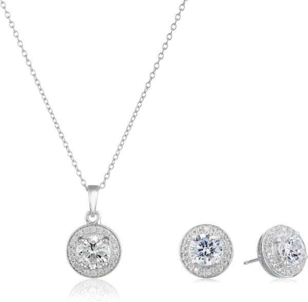 Womens Sterling Silver Cubic Zirconia Halo Pendant Necklace and Stud Earrings Jewelry Set